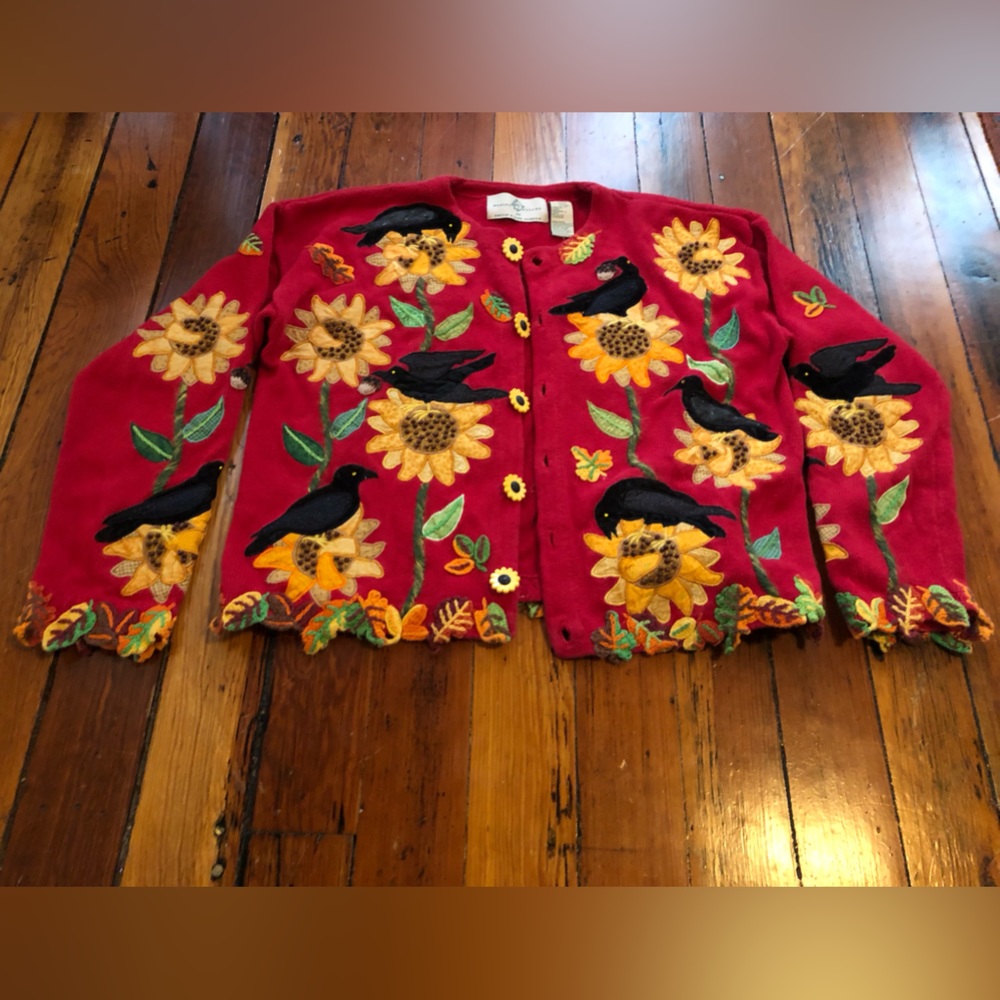 Crow and Sunflowers Design options by Phillip and Jane Gordon sweater
